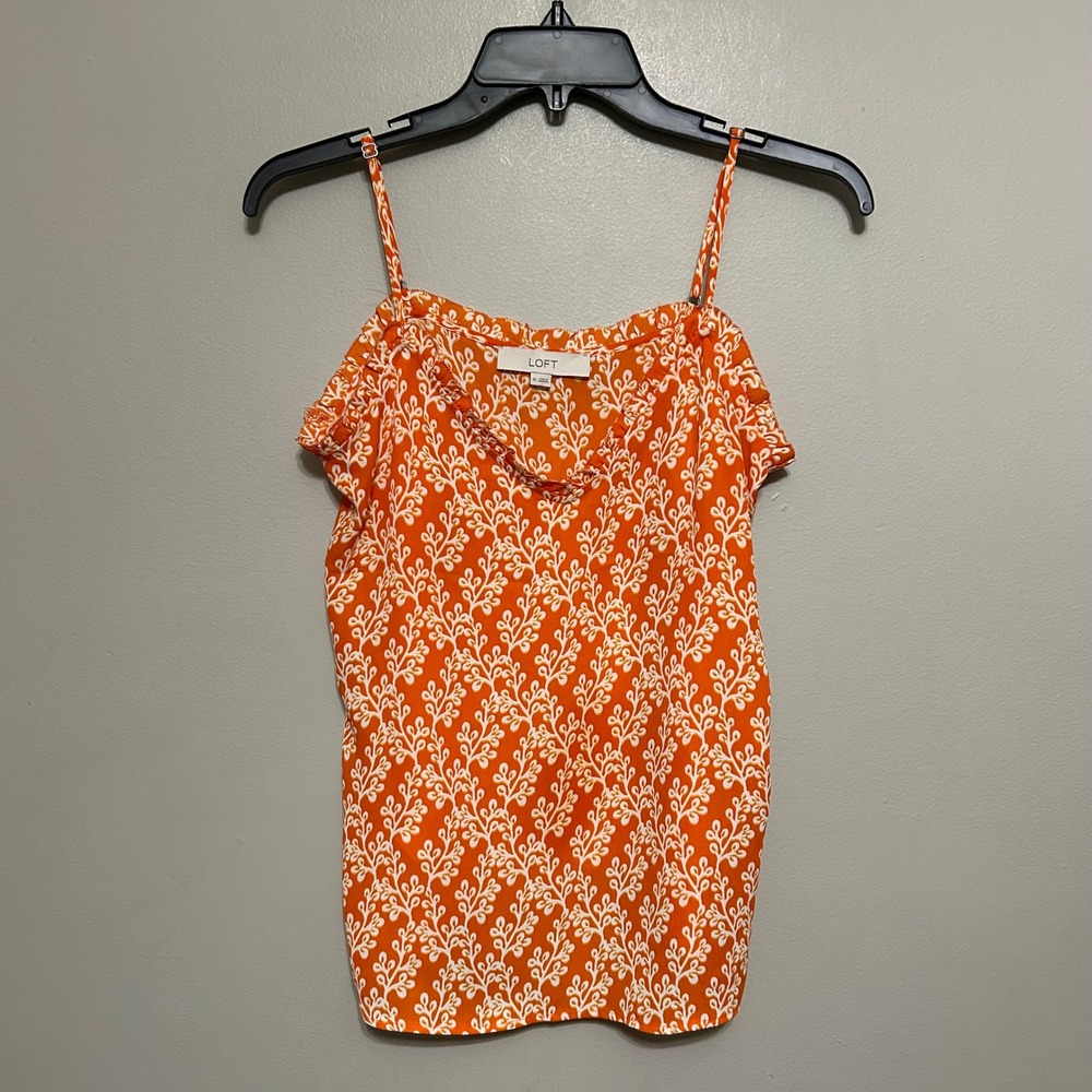 LOFT Womens Babydoll Camisole Tank Top XS Orange White Floral Ruffle Trim V Neck